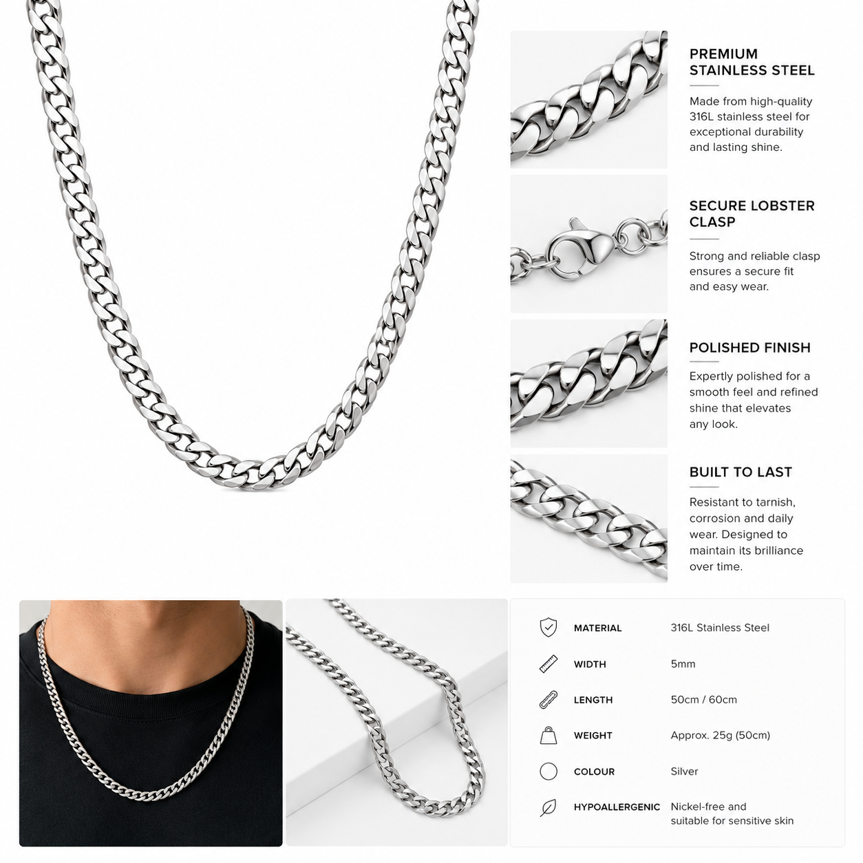 Men's Stainless Steel Cuban Chain Necklace – Silver | Clottan Clerhy