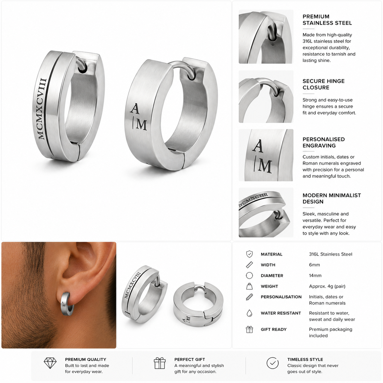 Personalised Stainless Steel Hoop Earrings – Silver | Clottan Clerhy